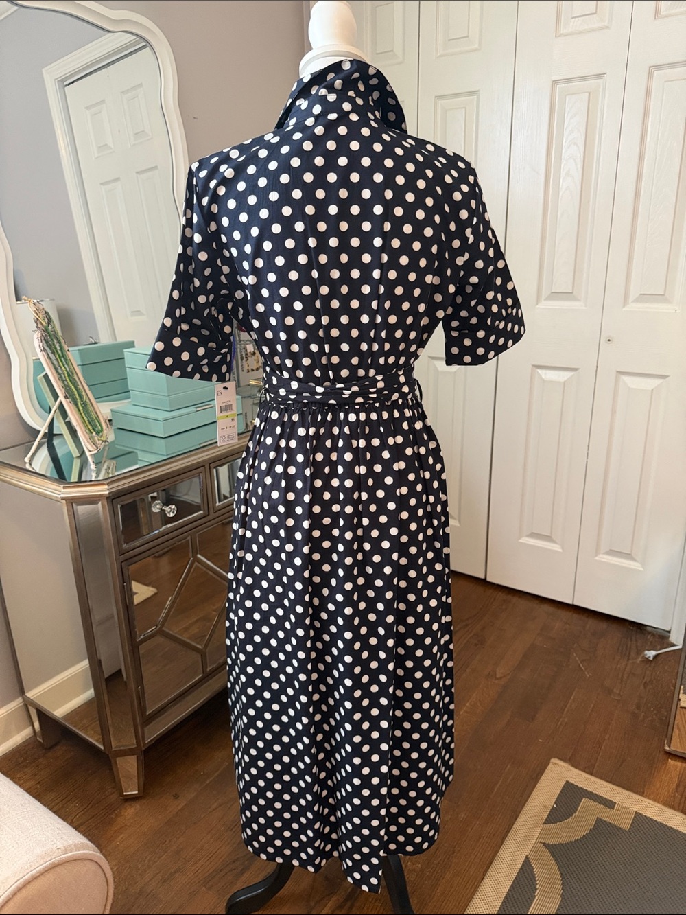 DKNY Navy & White Polka Dot Midi Shirt Dress w/ Tie Waist 4 - Picture 2 of 9